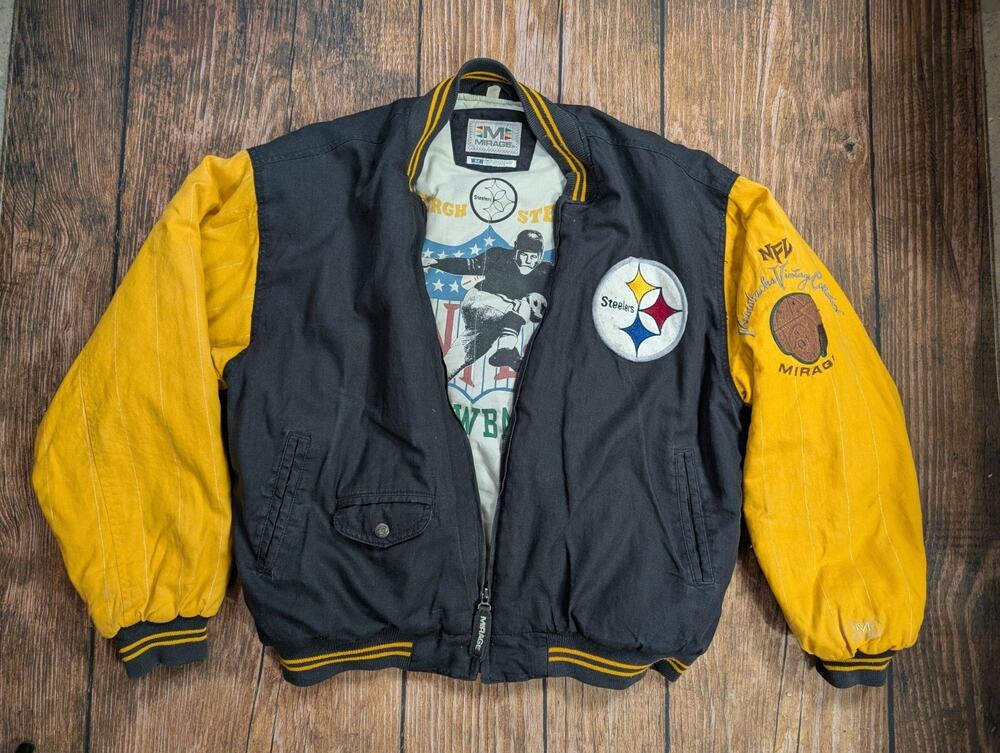 Vintage Pittsburgh Steelers Throwback Embroidered Patches Bomber Jacket Size Med